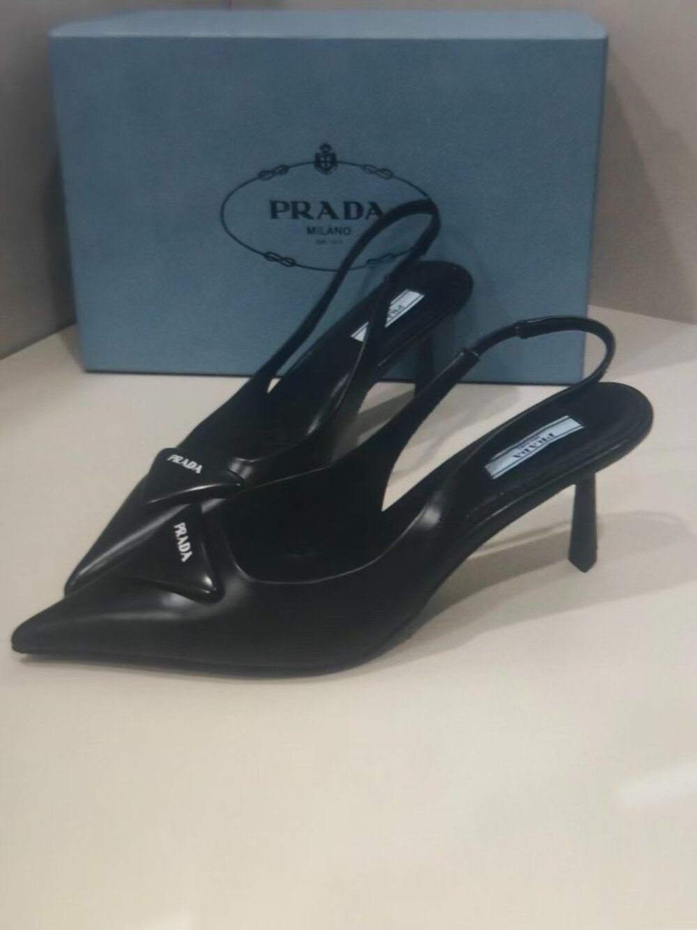 Prada Black Leather Triangle Logo Pointed Toe Slingback Stiletto Heels